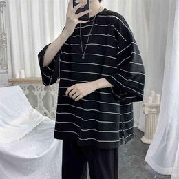 2021 Summer Oversized T-Shirt Men Funny Harajuku Tshirt Streetwear Men Striped Japan Hip Hop Loose Half Sleeve T shirts Males G122307b