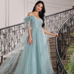 Modest Feather A Line Prom Dresses Off the Shoulder Cape Sleeve Evening Gown Beading Sequined robe de soiree for Women