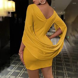 Casual Dresses Women Cloak Sleeve Dress Party 2023 Runched Long Slim Fit Club Bodycon Mini Wear Yellow Black Elegant