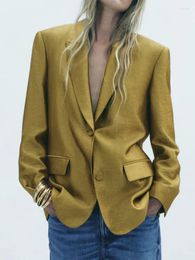 Women's Suits Fashion Gold Blazer Notched Collar Long Sleeve Front Flap Pockets Button-up Blazers Women Elegant Vintage Jackets Female