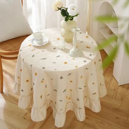 Table Cloth Light Luxury Cotton Apricot Colour Round Table Cloth Embroidered American Rural Tablecloth Lotus Leaf Fungus Edge Skirt Pleated 231019