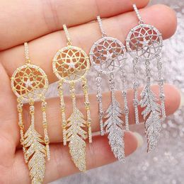 Dangle Earrings Feather Tassel Cubic Zircon White Gold Colour Rhinestone Drop Women Fashion Jewellery Accessories YEA321