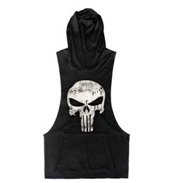 Whole- 2016 New Brand Skull sleeveless Shirt Casual Fashion Hooded Gyms Tank Top Men bodybuilding Fitness Brand Clothing241m