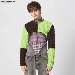 Men's T Shirts INCERUN Fashion Men Patchwork O-neck Long Sleeve 2023 Puff Casual Crop Tops Loose Streetwear Sexy Clothing S-5XL