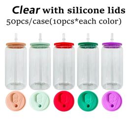 Sublimation 16oz Glass Can with Leakproof Silicone lids Tumbler shape Bottle with Lid and Straw Summer Drinkware Mason Jar Juice Cups