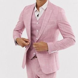 Men's Suits Linen Summer Wedding For Men Slim Fit Fashion Bridegroom Tuxedos Custom 3 Piece Pink Blazer (Jacket Pants Vest)