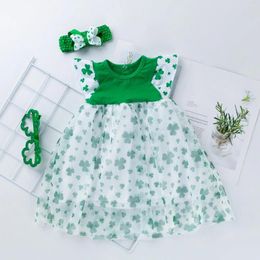 Girl Dresses Girls Summer Green Print Crewneck Small Flying Sleeve A Swing Skirt Band Head Cover Striped Tee Dress Teal Toddler