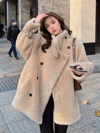 Women's Fur Winter Warm Faux Coat Stand Collar Thick Fluffy Long Sleeve Notched Lapel Loose Casual Fashion Streetwear Overcoat