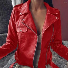 Women's Leather Women Short Coat Turn-down Collar Motorcycle Jacket Long Sleeves Zipper Cardigan Casual Slim Fit Faux Streetwear