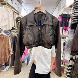 Women's Leather Khaki Black High-waist Short Faux PU Jacket Spring Autumn Lapel Long Sleeve Motorcycle Biker Female Streetwear