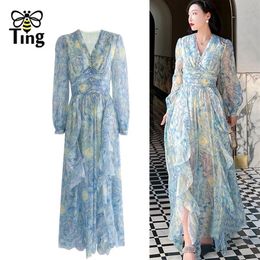 Casual Dresses Tingfly Luxury Button Decor Artistic Van Gogh Starry Painting Print Flowy Long Party Dinner Women Ruffles Vintage R230M