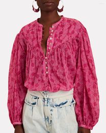 Women's Blouses 2023 Women Floral Print Red Pullover Blouse Spring Summer All-Match Ladies Lantern Sleeves O-Neck Loose Shirt With Buttons