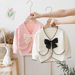 Jackets Spring Fall Cardigan For Girls Knitted Jacket Stylish V-Neck Cotton Coat With Butterfly-knot Toddler Baby Clothes Stripe GY09071