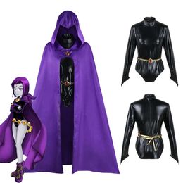 Teen Titans Raven Cosplay Costume Superhero Cloak Jumpsuits Zentai Halloween Tight Clothes Cape + Waist Jewelry Chaincosplay