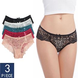 Elovegirl 3 pcs Breathable Cotton Low Waist Briefs Sexy Lace Brief Women Briefs Transparent Underwear Ladies Hollow Out Panty260O