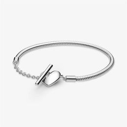 100% 925 Sterling Silver Moments Heart T-Bar Snake Chain Bracelet Fit Authentic European Dangle Charm Fashion Women Wedding Engage2115