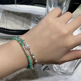 Link Bracelets Beaded Artificial Pearl Bracelet Woman Simple Bangles Ladies Jewellery Fashion Vintage Silver Colour Stainless Pulseras