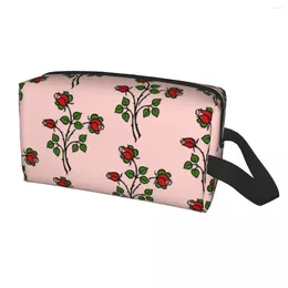 Cosmetic Bags Pink Rose Line Art Travel Bag Women Flower Toiletry Makeup Organiser Lady Beauty Storage Dopp Kit