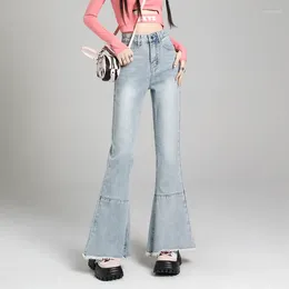 Women's Jeans 2023 Retro Light Blue Flared For Tassel Stitching Fashion High Waist Slim Wide Leg Y2k Trousers Street Wear