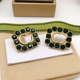 Designer Brand Stud Earrings Green Rhinestones and vintage gold Ear Rings Jewelry for Women Party with Gift