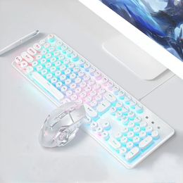 Keyboards 2 in 1 Combos Pink White Keyboard Punk Round Key Cap Mute Click Mouse Suit for Desktop Notebook PC Gaming Computer 231019