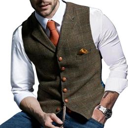 Men's Vests Mens Suit Vest Notched Plaid Wool Herringbone Tweed Waistcoat Casual Formal Business Groomman For Wedding Green B263i