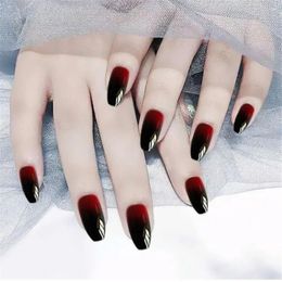 False Nails Black-Red Gradient Square Coffin Shape Ballerina French Style Nail Art Patch Extensions Full Cover Manicure Tip