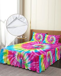 Bed Skirt Rainbow Tie-Dye Color Ethnic Bed Skirt Elastic Fitted Bedspread With Pillowcases Mattress Cover Bedding Set Bed Sheet 231019