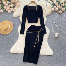 Work Dresses Black Beading Two Piece Sets Womens Outifits Spicy Girls Women Set Summer Full Halter Shirt Elastic Waist Skirts Drop