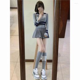 Work Dresses Spring/Autumn Sweet And Girls' College Style Suit Women's Grey Knitted Top Pleated Short Skirt Two-piece Set Female Clothes