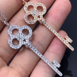 Europe America Fashion Lady Women Brass Engraved T Letter 18K Gold Chain Necklace With Pave Diamond Crown Key Pendant310U