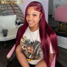 Synthetic Wigs Wiggogo Bone Straight Lace Front Wigs Human Hair 99J Burgundy Lace Front Wig 13X4 13X6 Hd Lace Frontal Wigs Glueless Red Wigs Q231019