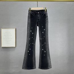 Women's Jeans Rhinestone Trousers 2023 Autumn Elastic Slim Skinny Bell-Bottom Pants Trendy Girls Grey Denim