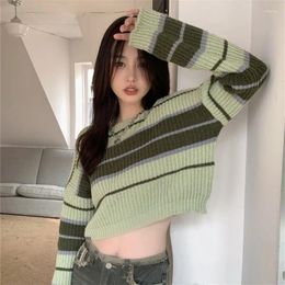 Women's Sweaters Deeptown Y2K Cropped Striped Sweater Women Kpop Sexy Knitted Jumper Korean Style Vintage Knitwear Harajuku Fashion