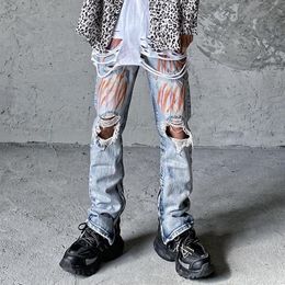 Men's Jeans Ankle Zipper Hole Graffiti Washed For Men Fringe Tassel High Street Retro Spliced Denim Trousers Hip Hop Loose Ca323f