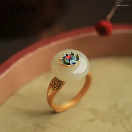 Cluster Rings LIVVY Ancient Method Inlaid Natural Stone Chinese Enamel Lotus Peace Clasp Opening Ring For Women Girls Temperament Fine