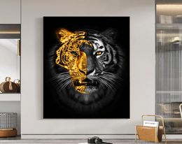 Animals Art Gold Black Lion Paintings on Canvas Wall Pictures for Living Room Decor Wall Art Canvas Posters Prints Home Cuadros4972934