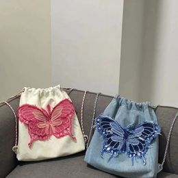 Shopping Bags 2023 Korean Vintage Denim Women Backpack Butterfly Embroidery Chain Tassel Casual Ladies Shoulder Bag Femme Tote Handbag 231018