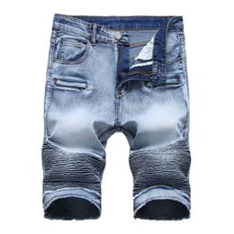 Summer New Biker Moto Mens Denim Shorts Fashion Pleated Zipper Slim Fit Men Jeans Shorts Big size285S