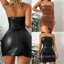 Casual Dresses 2023 Luxury Designer Women Fashion Sexy Pu Leather Bra Off Shoulder Solid Black Sleeveless Bodycon Club Night Dress205K