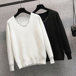 Women's Sweaters Black White Loose Sweet V Neck Korean Style Harajuku Spring Autumn Winter Knitted Vintage Pullover Fashion 2023