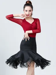 Stage Wear Latin Dance Skirt Adult Women Tassel Spliced Fishbone Skirts Female Irregular Ruffle Dancewear Ballroom Competition Dresses