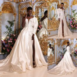Mermaid Beaded Wedding Dresses Appliqued Side Split Bridal Gowns With Detachable Train One Shoulder Plunging Neckline Long Sleeve Vestido De Novia