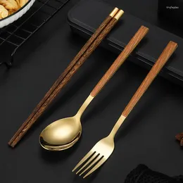 Dinnerware Sets Stainless Steel Portable Tableware Creative Imitation Wood Grain Fork Spoon Chopsticks Portugal 3-piece Set