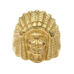 Men Women Vintage Stainless steel Ring Hip hop Punk Style Gold Ancient Maya Tribal Indian Chief Head Rings Fashion Jewelry265L