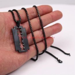Plated Black Men's Punk Hip-Hop Stainless Steel Razor Blade Dog Tag Necklace Pendant with 24'' Box Chain Barber Jew197q