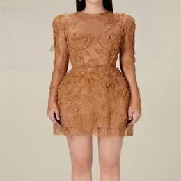 Basic Casual Dresses New Fashion Luxury Design Lace Hollow Out Dress For Women Autumn Long Sleeve O-Neck Temperament Short Dresses284Z