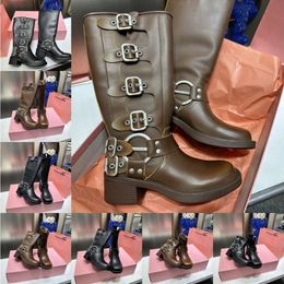 Miui Knee Ankle Harness Mid Boots Belt Buckled Cowhide Leather Biker Moto Combat Boot Chunky Heel Retro Knight Boots Square Toe Vintage Booties Boots W