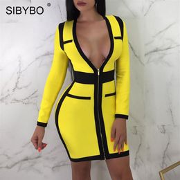 Sibybo Patchwork Deep V-neck Cotton Sexy Dress Women Fashion 3 4 Sleeve Zipper Mini Autumn Dress Casual Bodycon Party Dress Y190513170