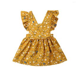 Girl Dresses 1-6Y Summer Toddler Baby Princess Dress Sleeveless Flower Print Ruffles Yellow A-Line Party